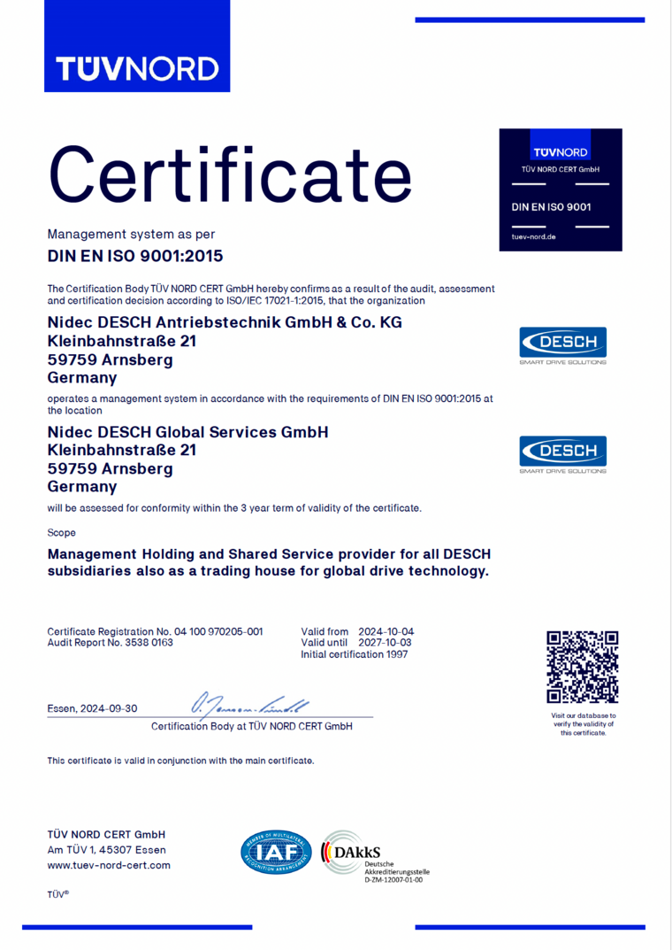 Nidec DESCH Global Services GmbH - DIN EN ISO 9001 Certificate (pdf)
