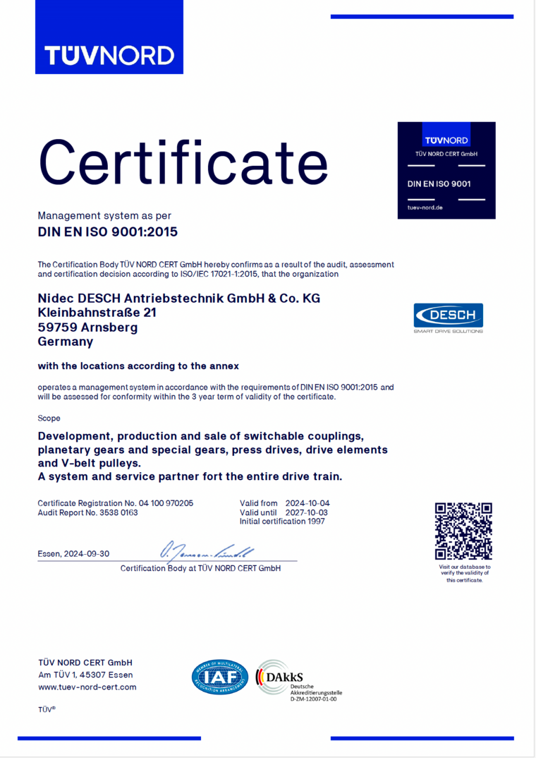 Nidec DESCH Antriebstechnik GmbH & Co. KG - DIN EN ISO 9001 Certificate (pdf)